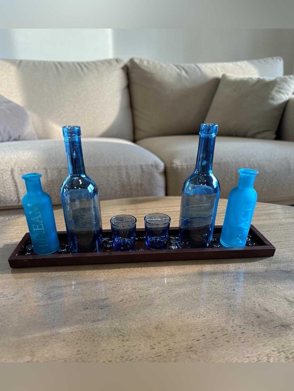 Blue & Teal Glass Decorative Centerpiece Set with Tray – Dream & Peace